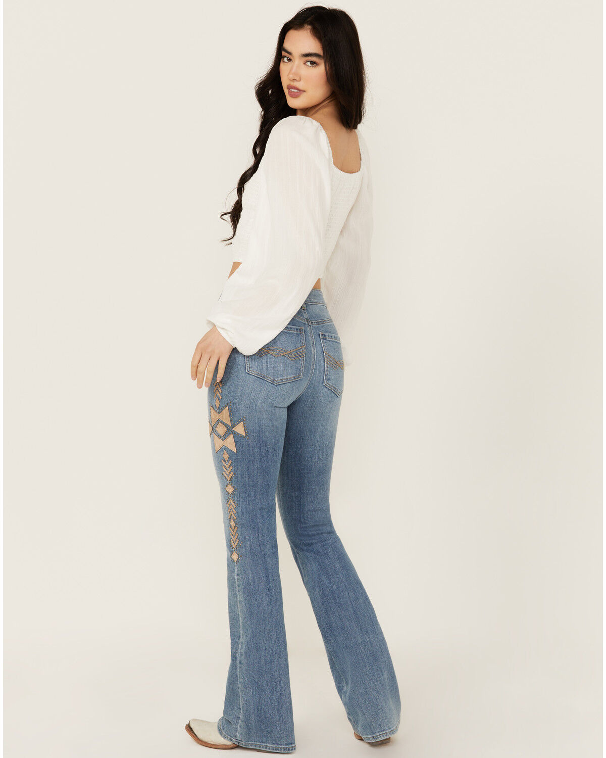 Image #4 - Idyllwind Women's Ellis Medium Wash Gypsy High Rise Faux Suede Embellished Bootcut Comfort Stretch Denim Jeans, Medium Wash, hi-res