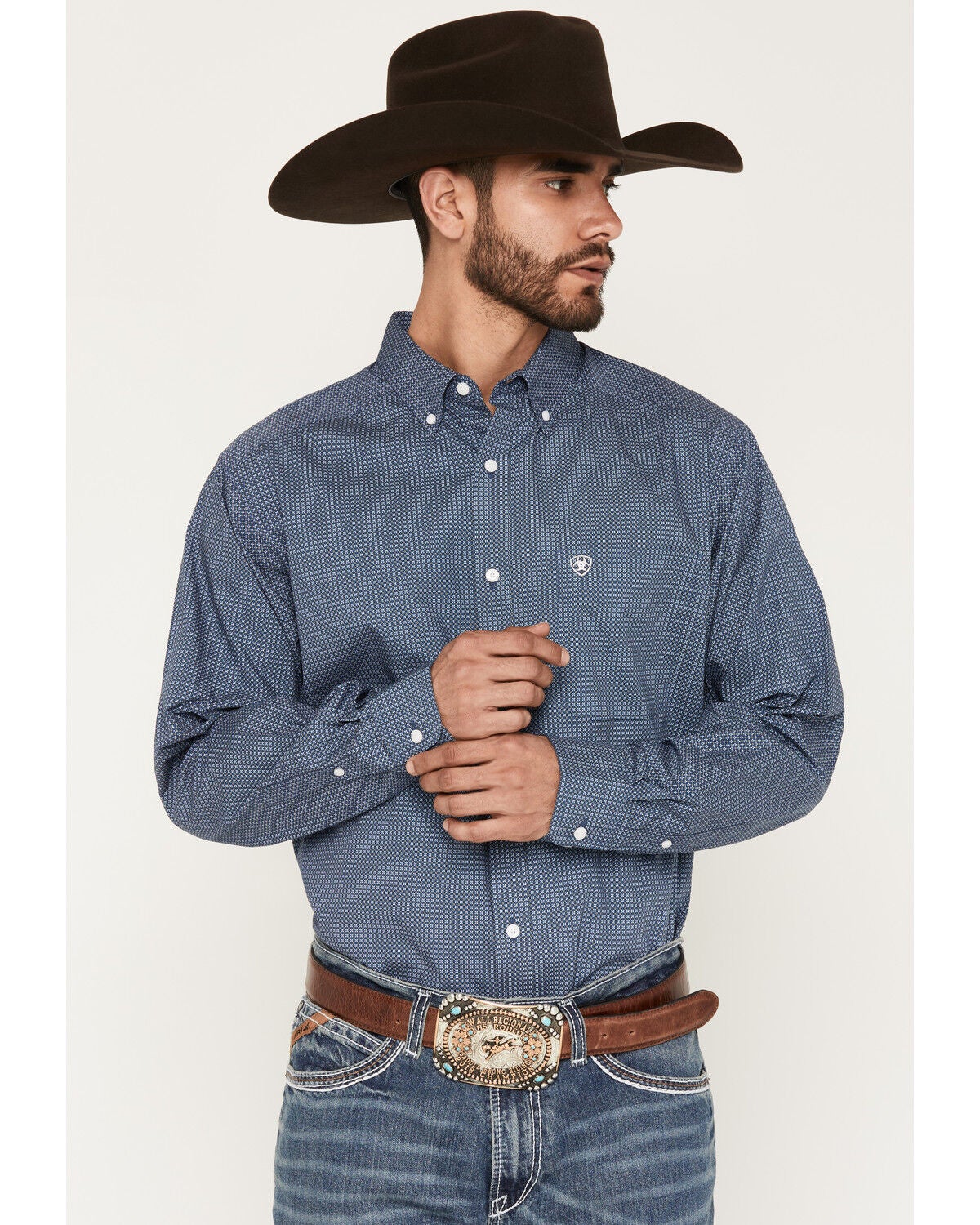 Ariat Men's Boot Barn Exclusive Storm Geo Print Long Sleeve Button-Down Western Shirt, Blue, hi-res