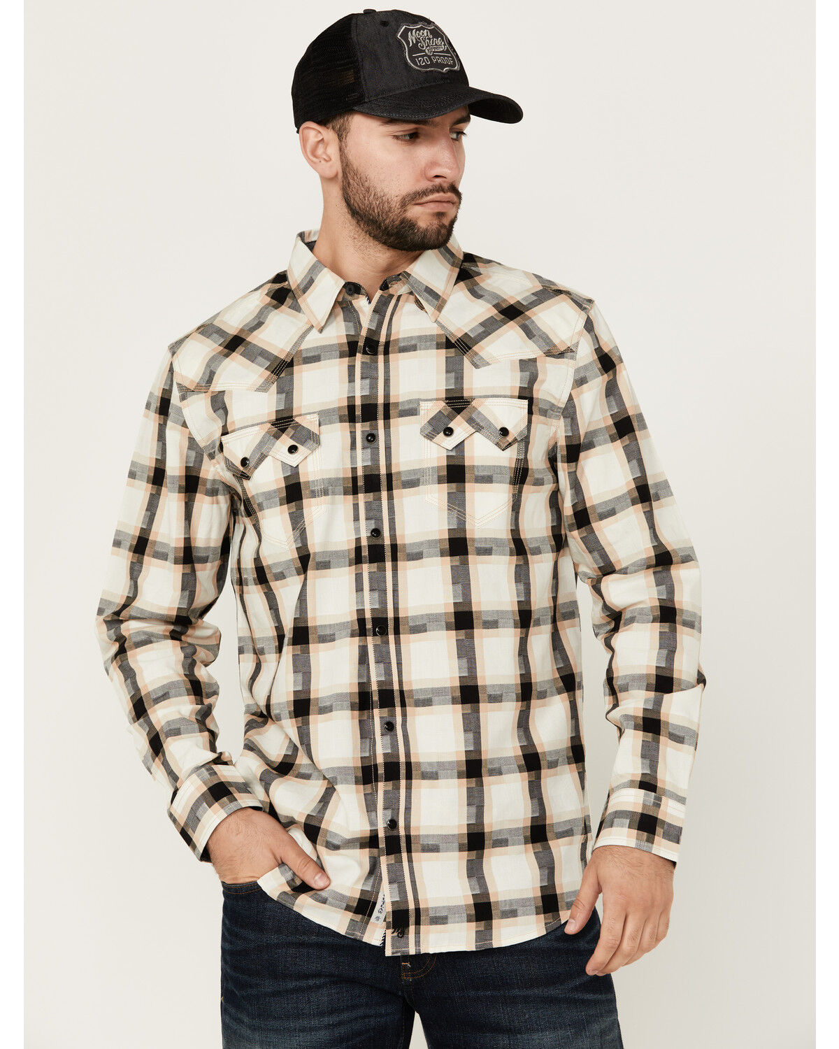 Image #1 - Moonshine Spirit Men's Crescendo Plaid Print Long Sleeve Snap Western Shirt, White, hi-res