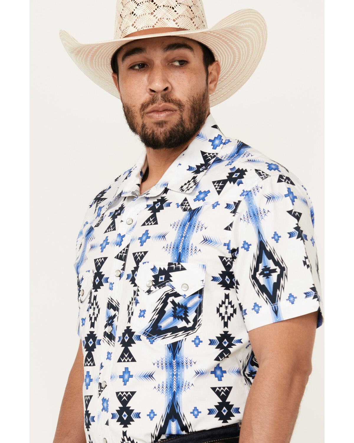 Image #2 - Rock & Roll Denim Men's Southwestern Print Short Sleeve Snap Stretch Western Shirt, White, hi-res