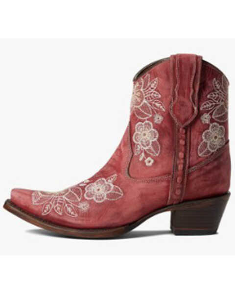 Image #2 - Corral Women's Flowered Embroidery Ankle Western Booties - Snip Toe, Red/brown, hi-res