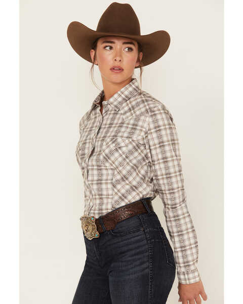 Image #2 - Rough Stock by Panhandle Women's Long Sleeve Dobby Plaid Print Snap Western Shirt, Beige/khaki, hi-res