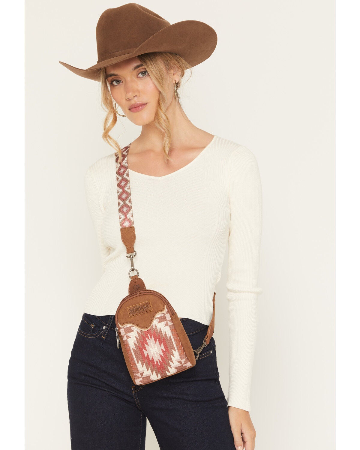 Wrangler x Boot Barn Women's Southwestern Print Sling Crossbody Bag, Brown, hi-res