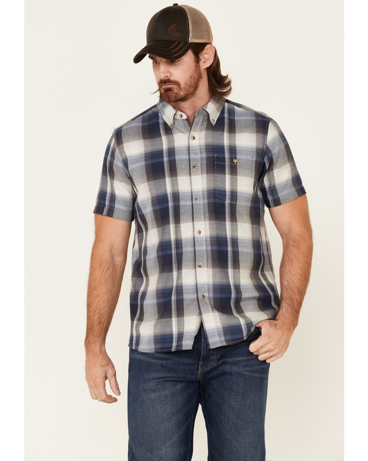 blue plaid short sleeve button up