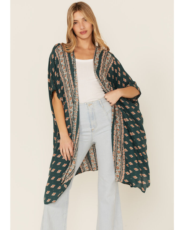 Angie Women's Forrest Green Floral Print Kimono Duster, Forest Green, hi-res