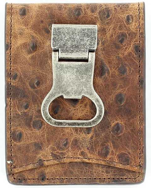 Nocona Ostrich Print Money Clip Bi-Fold Wallet, Brown, hi-res