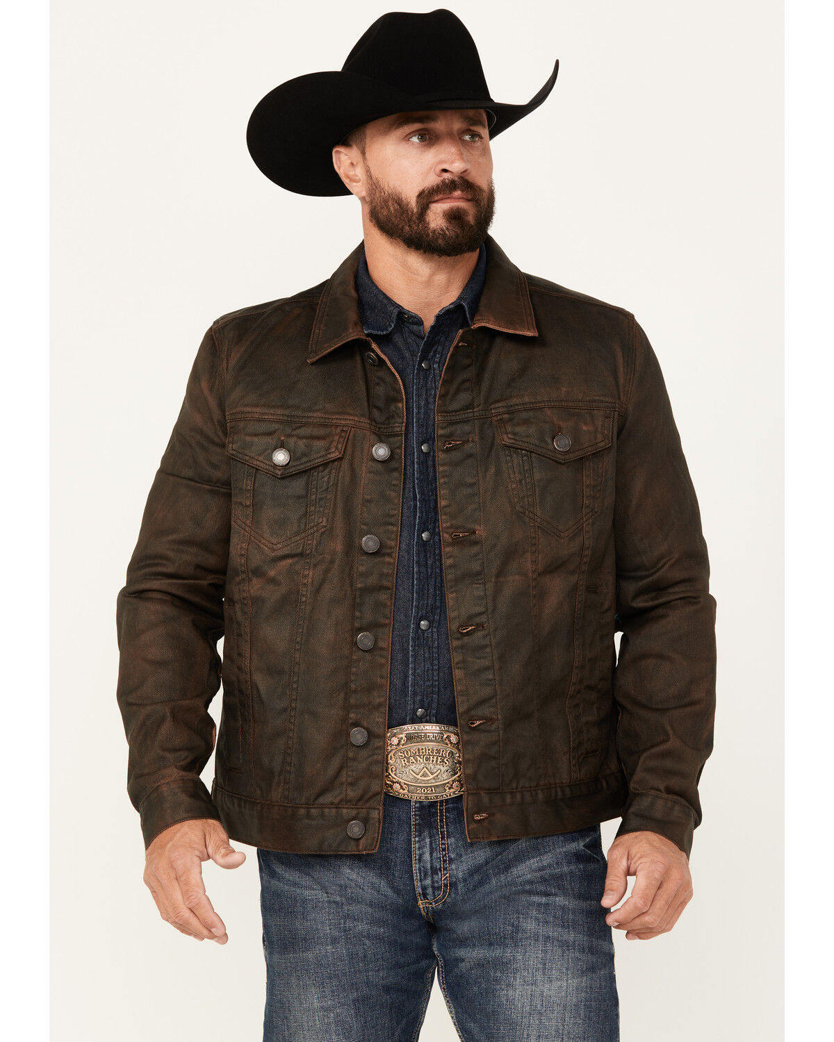 Image #1 - Moonshine Spirit Men's Coated Denim Jacket, Brown, hi-res