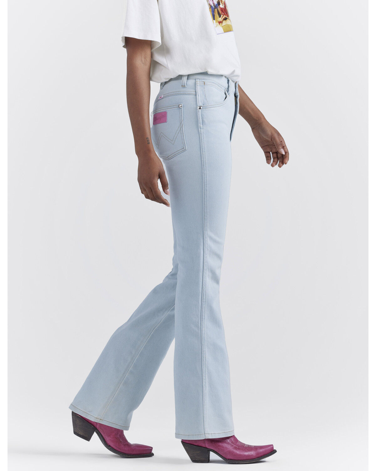 Image #3 - Wrangler® X Barbie™ Women's Light Wash High Rise Westward Pink Patch Stretch Bootcut Jeans, , hi-res