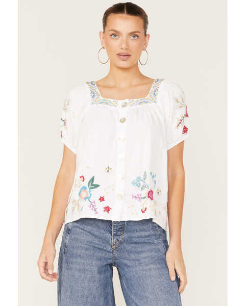 Johnny Was Women's Martine Wander Embroidered Floral Top, White, hi-res