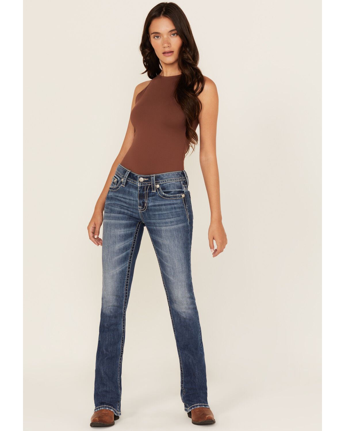 Image #3 - Miss Me Women's Medium Wash Mid Rise Bootcut Stretch Denim Jeans, Medium Wash, hi-res