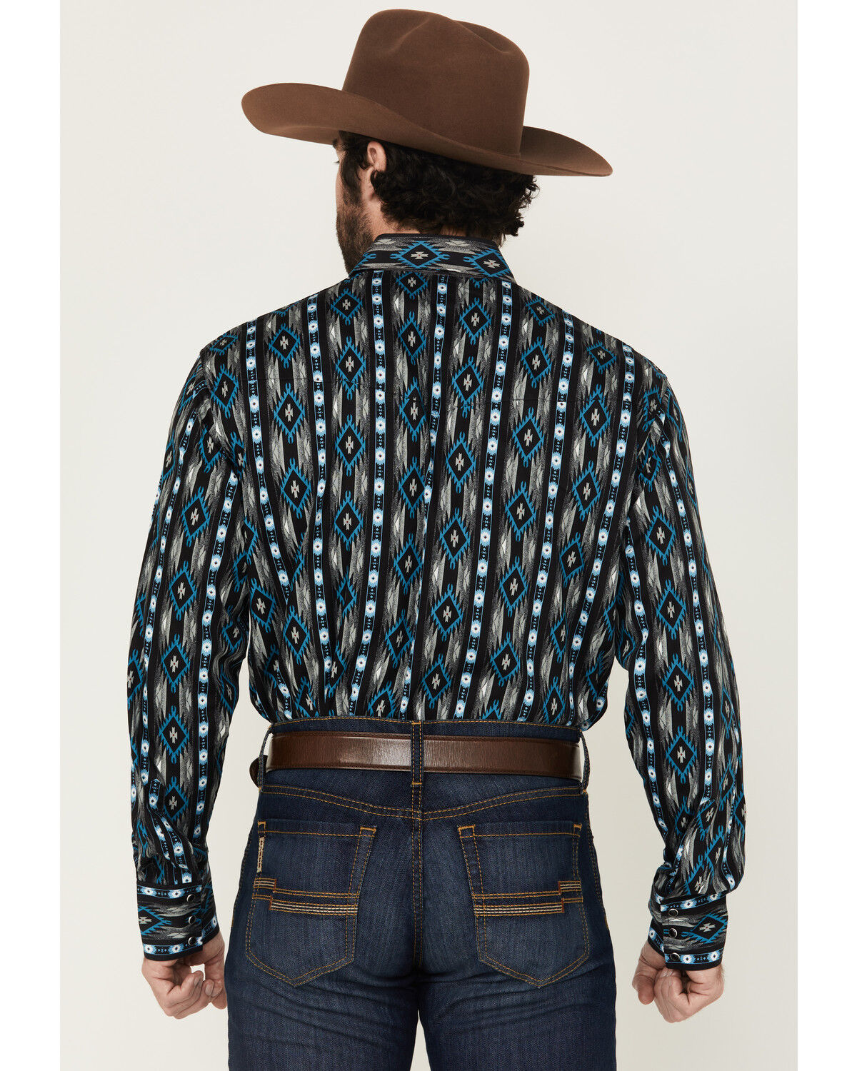 Image #4 - Wrangler Men's Checotah Southwestern Striped Long Sleeve Pearl Snap Western Shirt, Black, hi-res