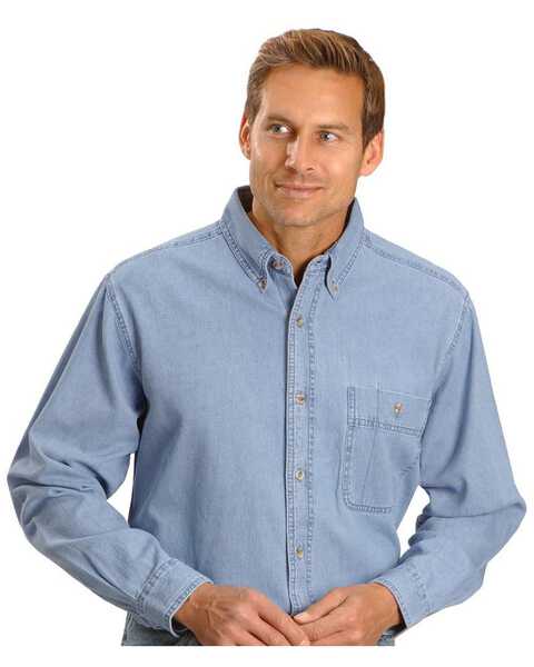 Wrangler Rugged Wear Men's Denim Solid Long Sleeve Work Shirt, Stonewash, hi-res