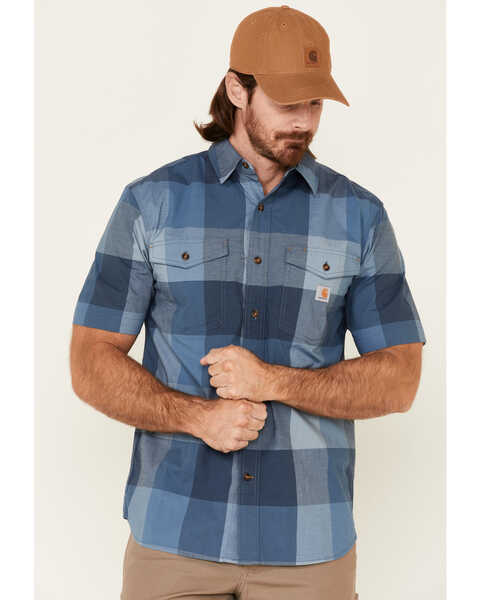 Image #1 - Carhartt Men's Plaid Print Rugged Flex Short Sleeve Button Down Work Shirt , Navy, hi-res