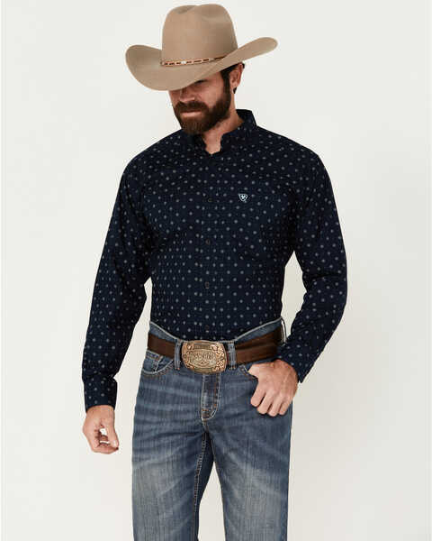 Ariat Men's Percy Geo Print Long Sleeve Button-Down Western Shirt - Tall , Dark Blue, hi-res