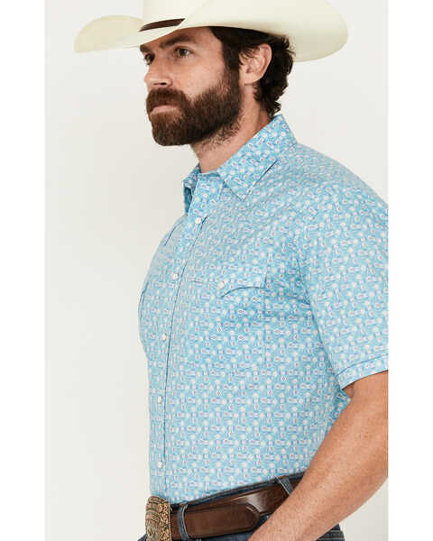 Image #2 - Panhandle Men's Southwestern Print Short Sleeve Pearl Snap Stretch Western Shirt , Aqua, hi-res