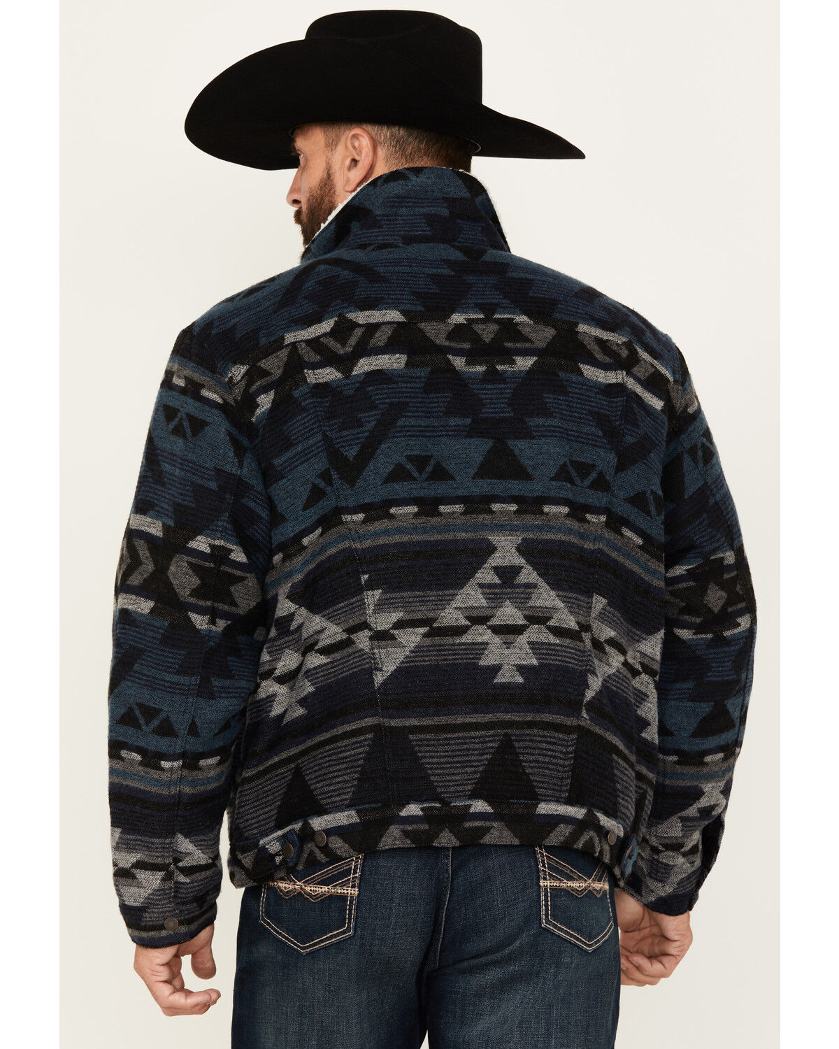 Image #4 - Wrangler Men's Southwestern Print Sherpa Lined Jacket, Navy, hi-res