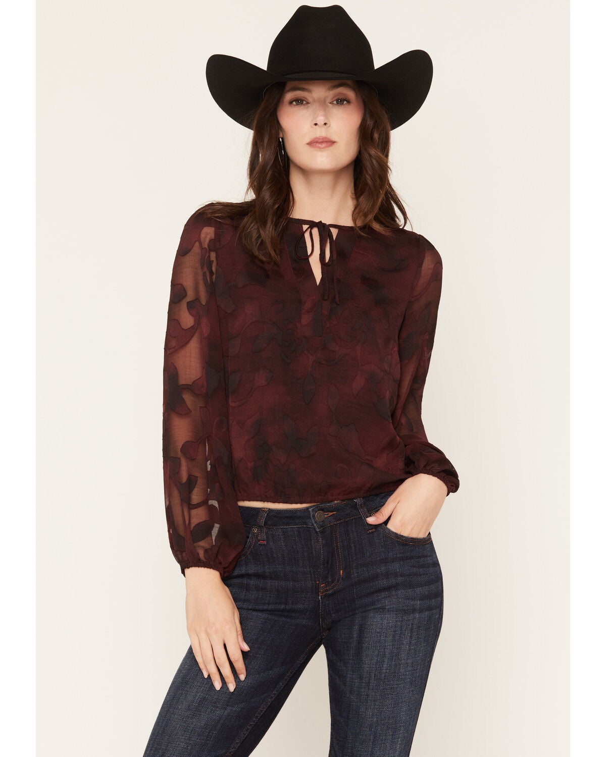 Image #1 - Idyllwind Women's Delwood Tie-Front Long Sleeve Blouse, Wine, hi-res