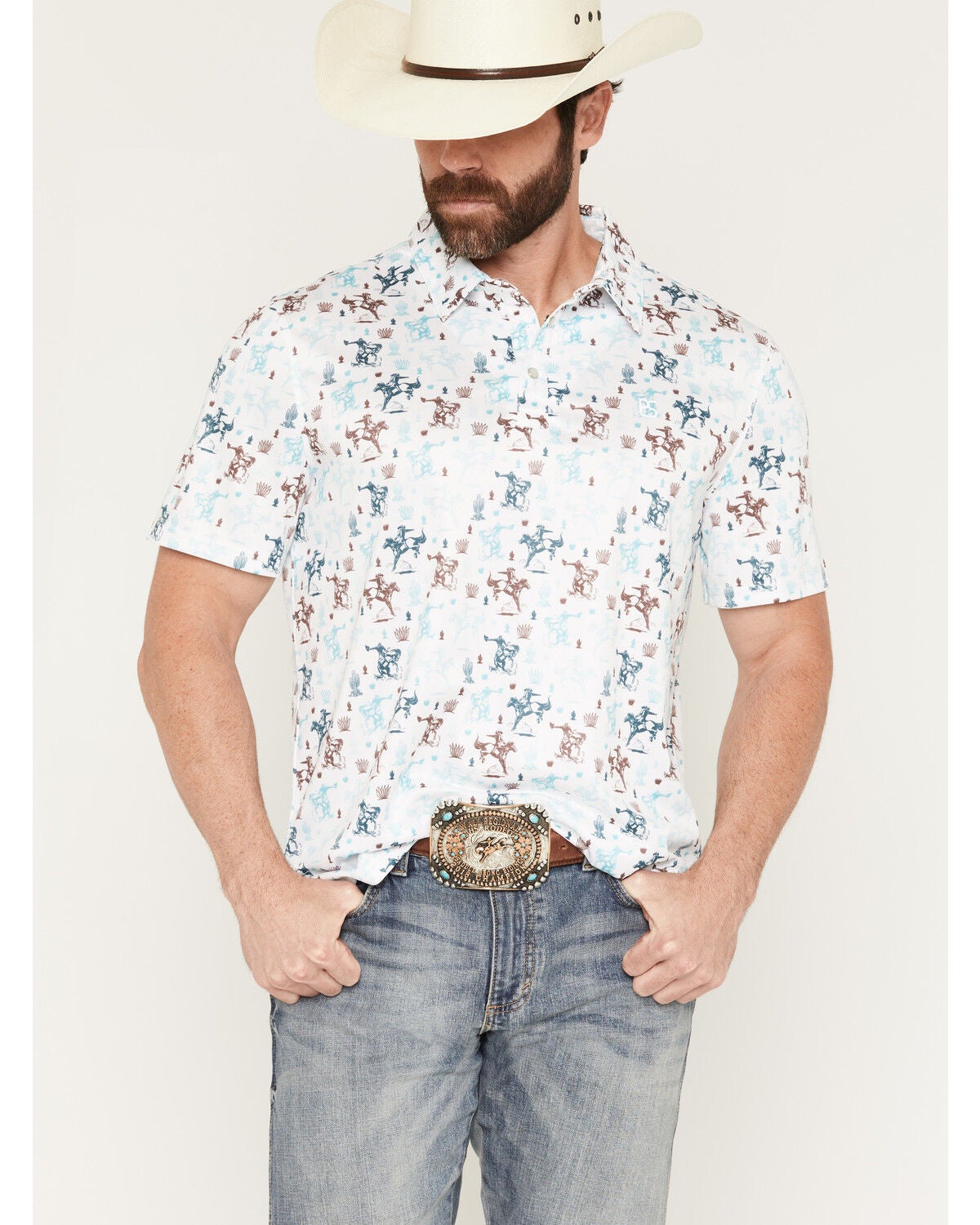 Image #1 - Panhandle Slim Men's Western Conversation Short Sleeve Snap Performance Polo Shirt, White, hi-res