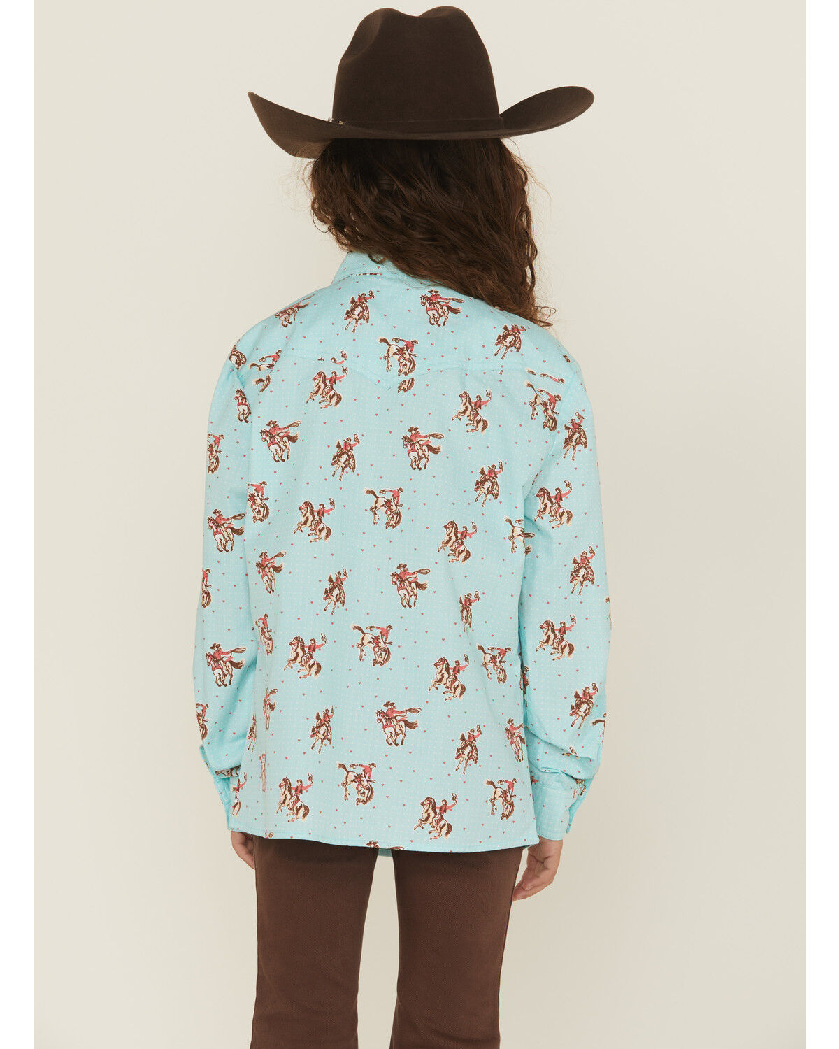 Image #4 - Panhandle Girls' Horse And Heart Print Long Sleeve Snap Western Shirt, Blue, hi-res