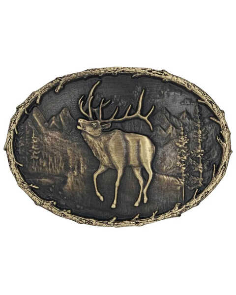 Montana Silversmiths Men's Brass Buglers Elk Heritage Attitude Belt Buckle, Silver, hi-res