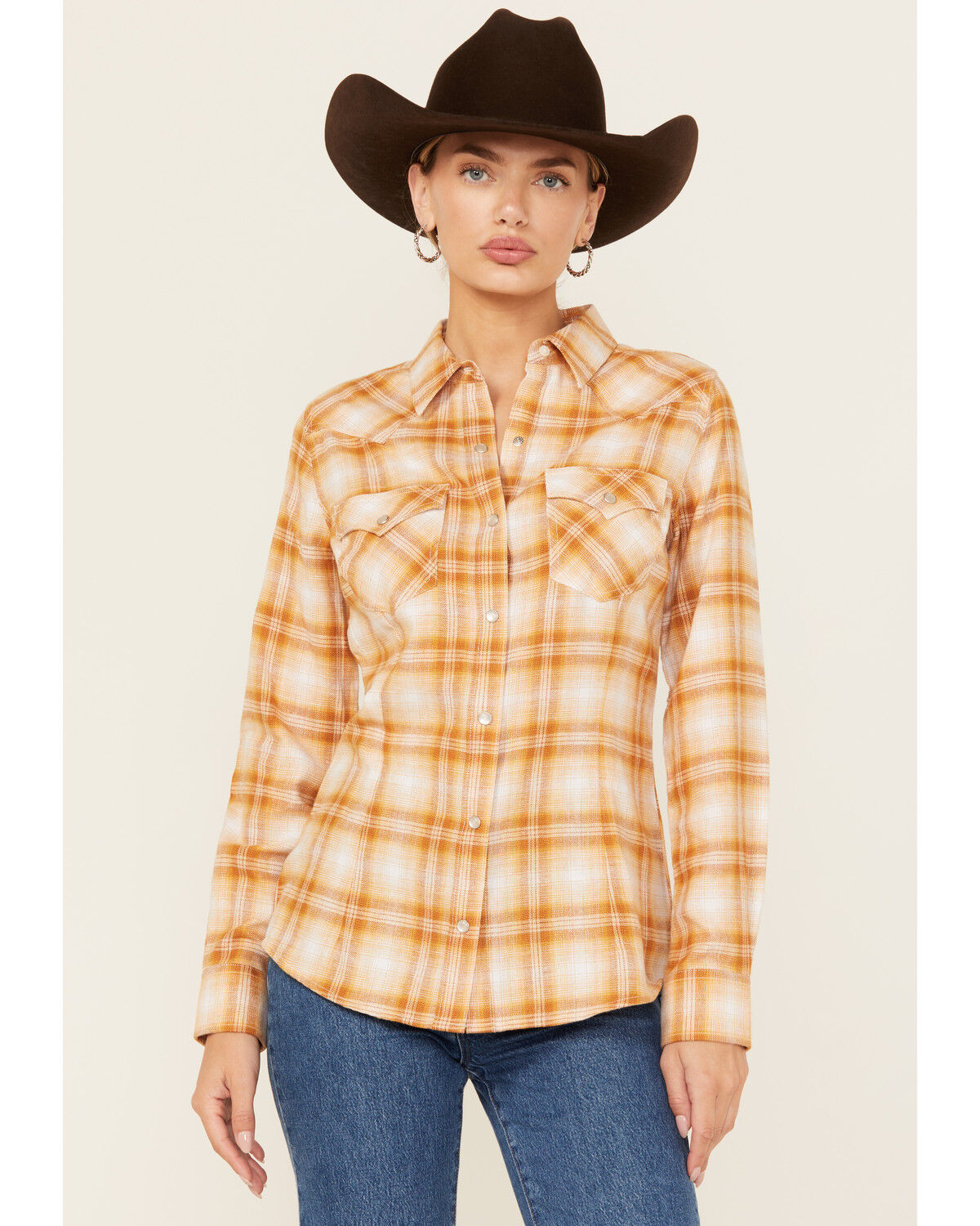 Image #1 - Wrangler Retro Women's Plaid Print Long Sleeve Pearl Snap Flannel Shirt, Yellow, hi-res
