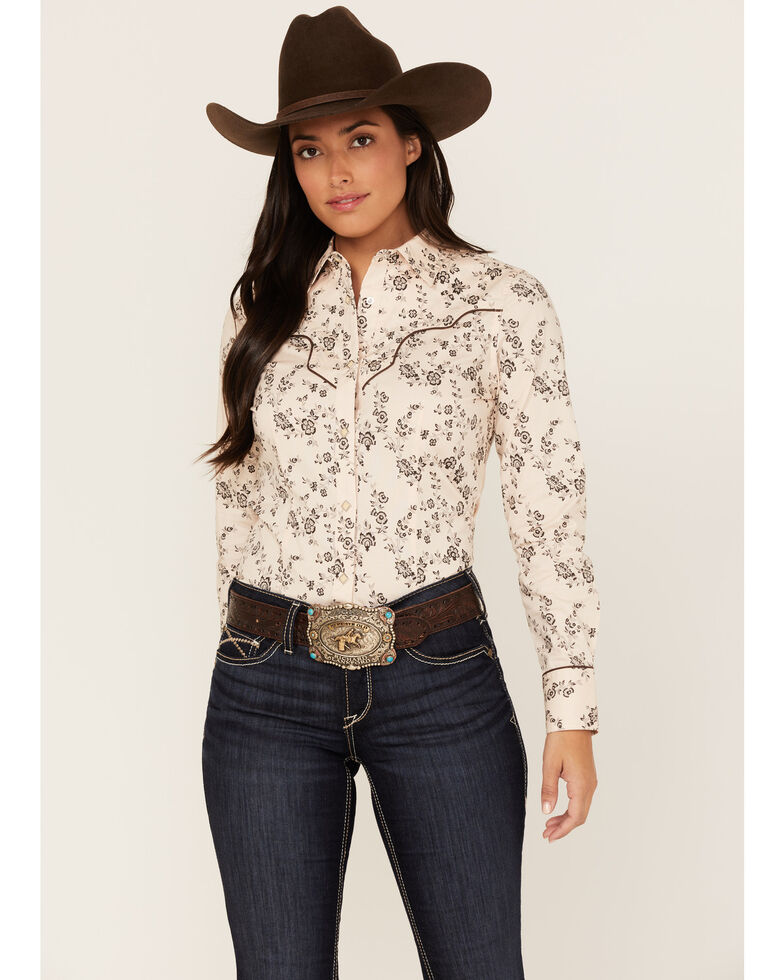 Rock & Roll Denim Women's Floral Print Long Sleeve Snap Western Shirt, Natural, hi-res