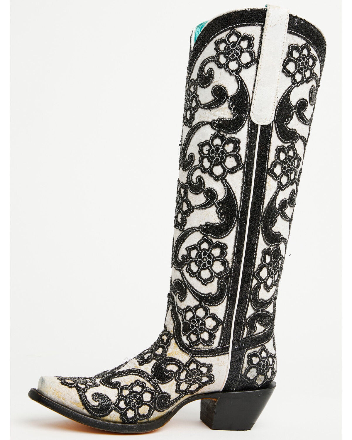 Image #3 - Corral Women's Floral Overlay Sequin Tall Western Boots - Snip Toe, Black/white, hi-res