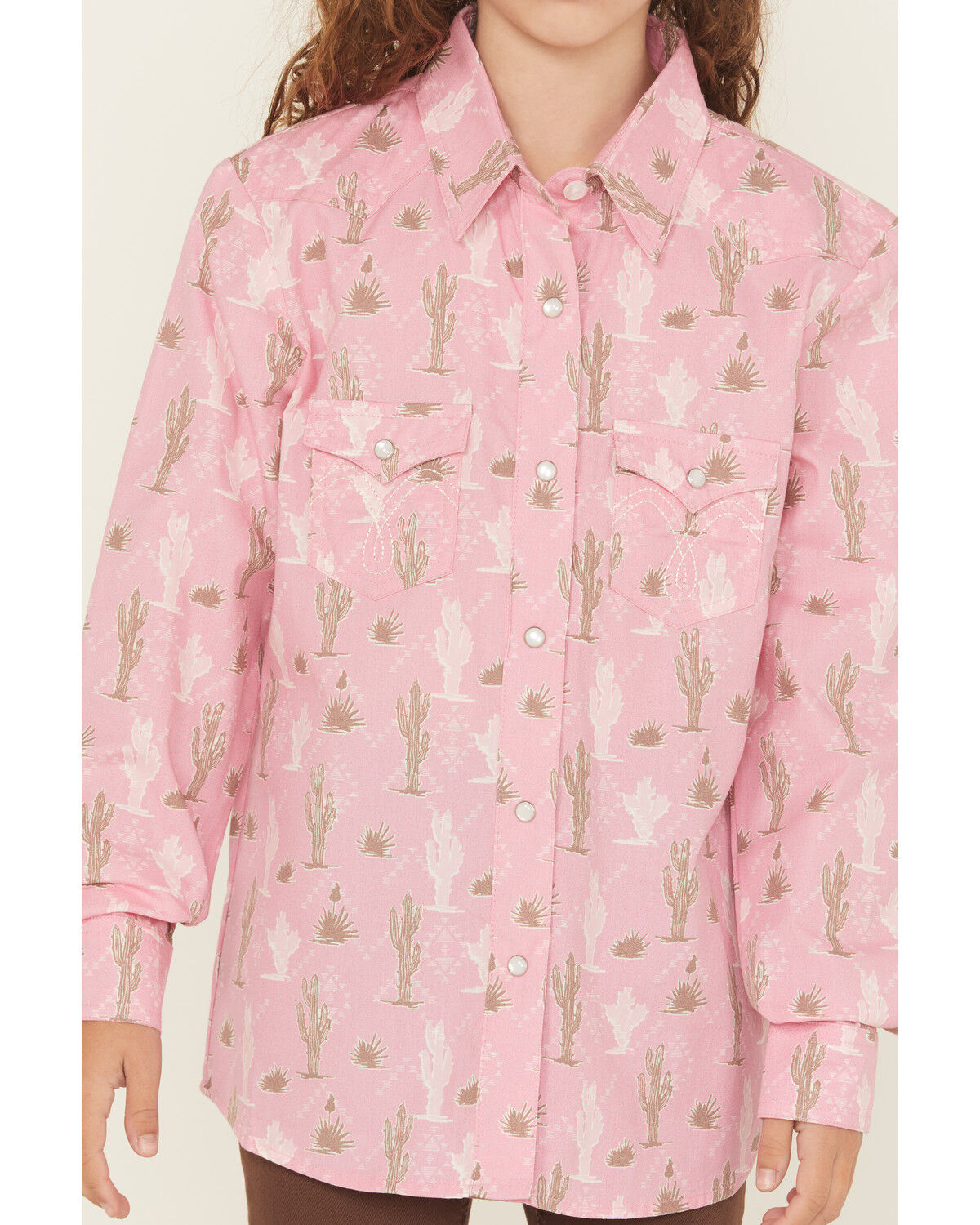 Image #3 - Panhandle Girls Cactus Print Long Sleeve Snap Western Shirt, Pink, hi-res
