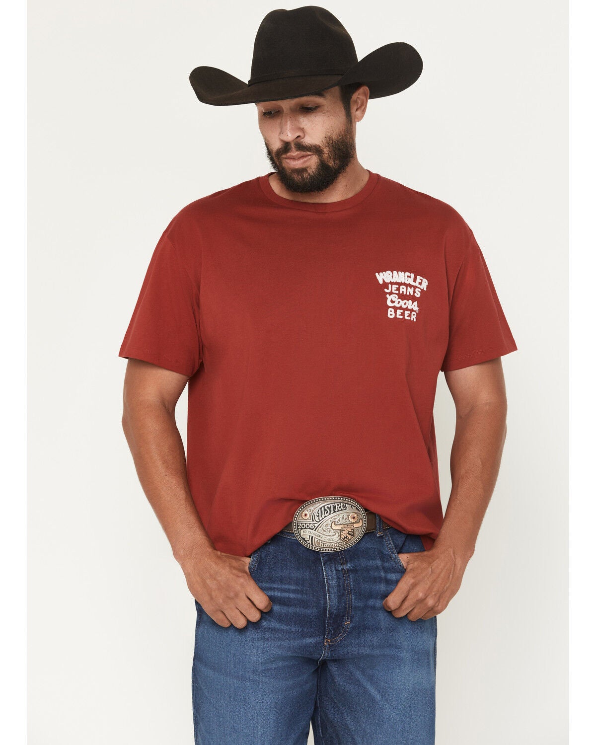Wrangler X Coors Banquet Men's Chest Logo Short Sleeve Graphic T-Shirt, Red, hi-res