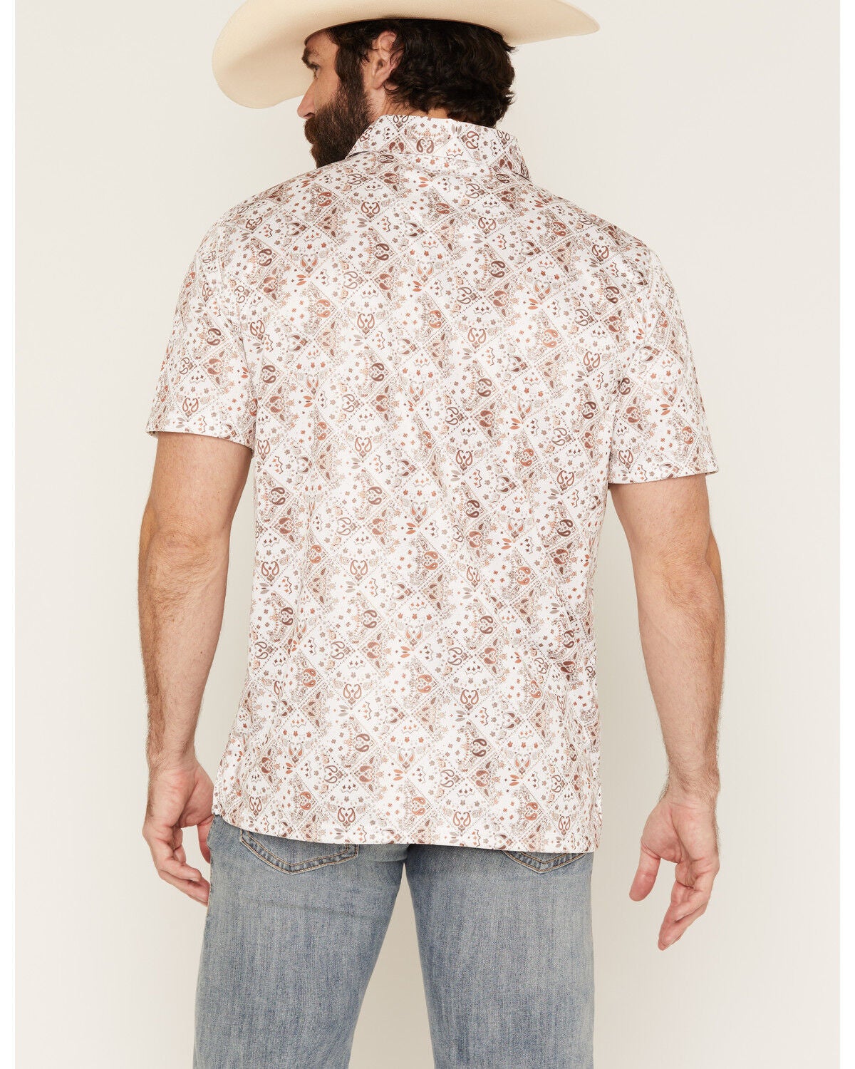 Image #4 - Panhandle Slim Men's Bandana Print Short Sleeve Pearl Snap Performance Polo, Natural, hi-res