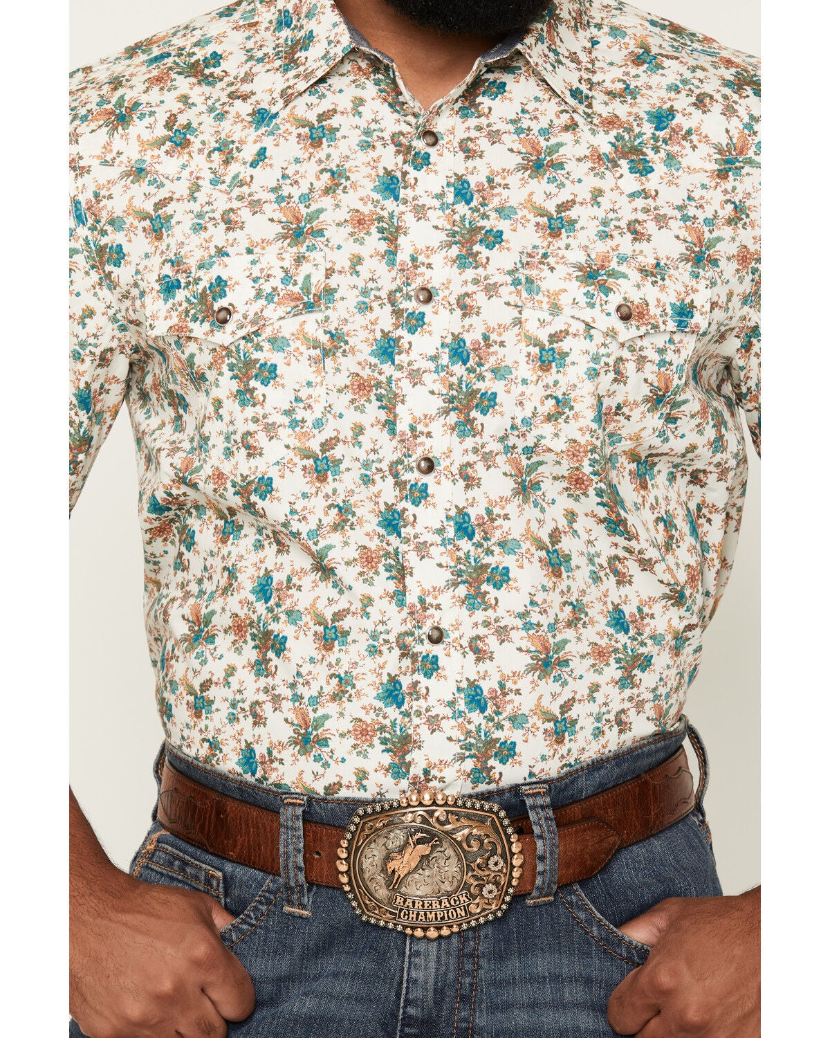 Image #3 - Cody James Men's Blossom Floral Print Short Sleeve Snap Western Shirt, Cream, hi-res