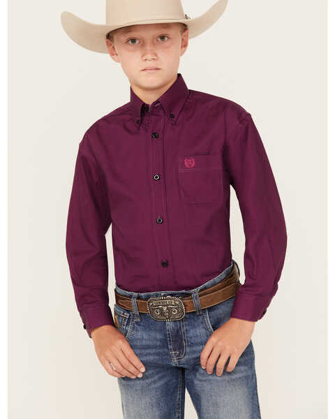 Panhandle Boys' Solid Long Sleeve Button Down Shirt, Maroon, hi-res