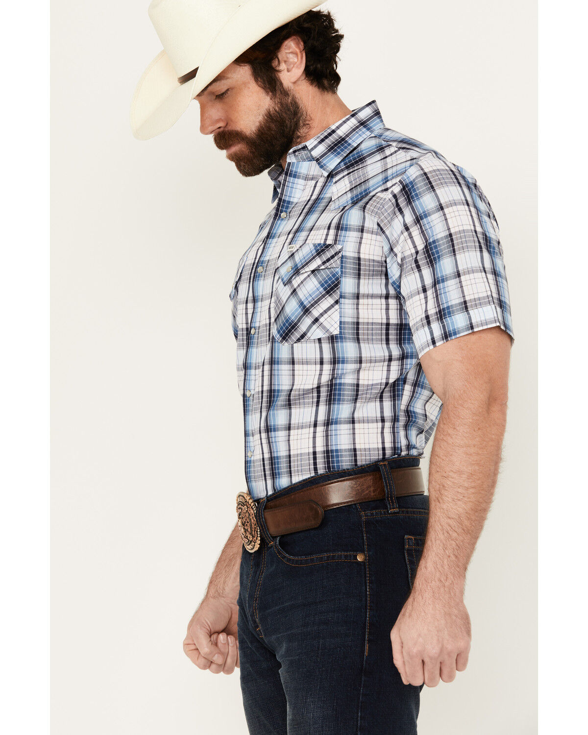 Image #2 - Ely Walker Men's Plaid Print Short Sleeve Snap Western Shirt, Blue, hi-res