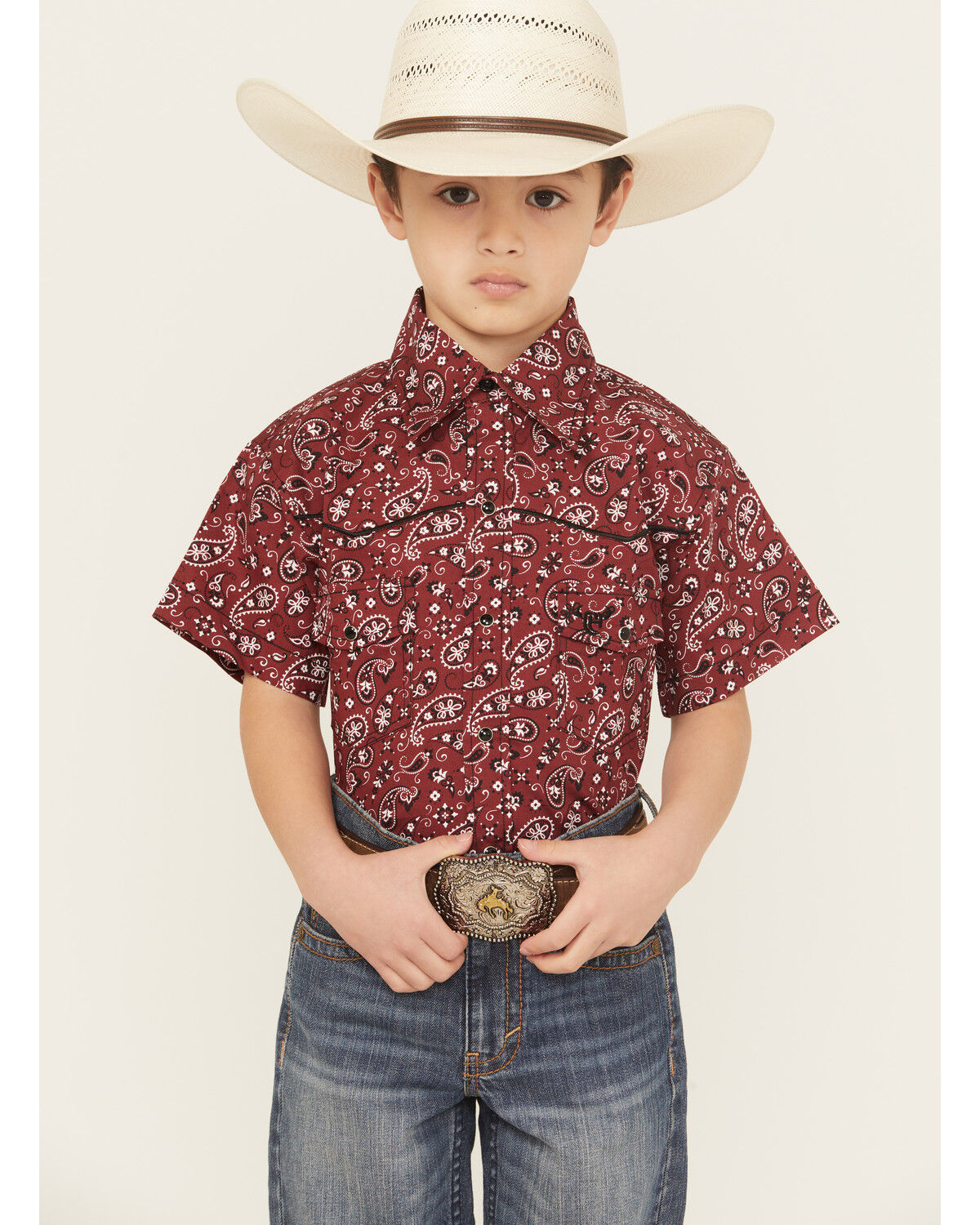 Image #1 - Cowboy Hardware Boys' Paisley Print Short Sleeve Snap Stretch Western Shirt, Red, hi-res