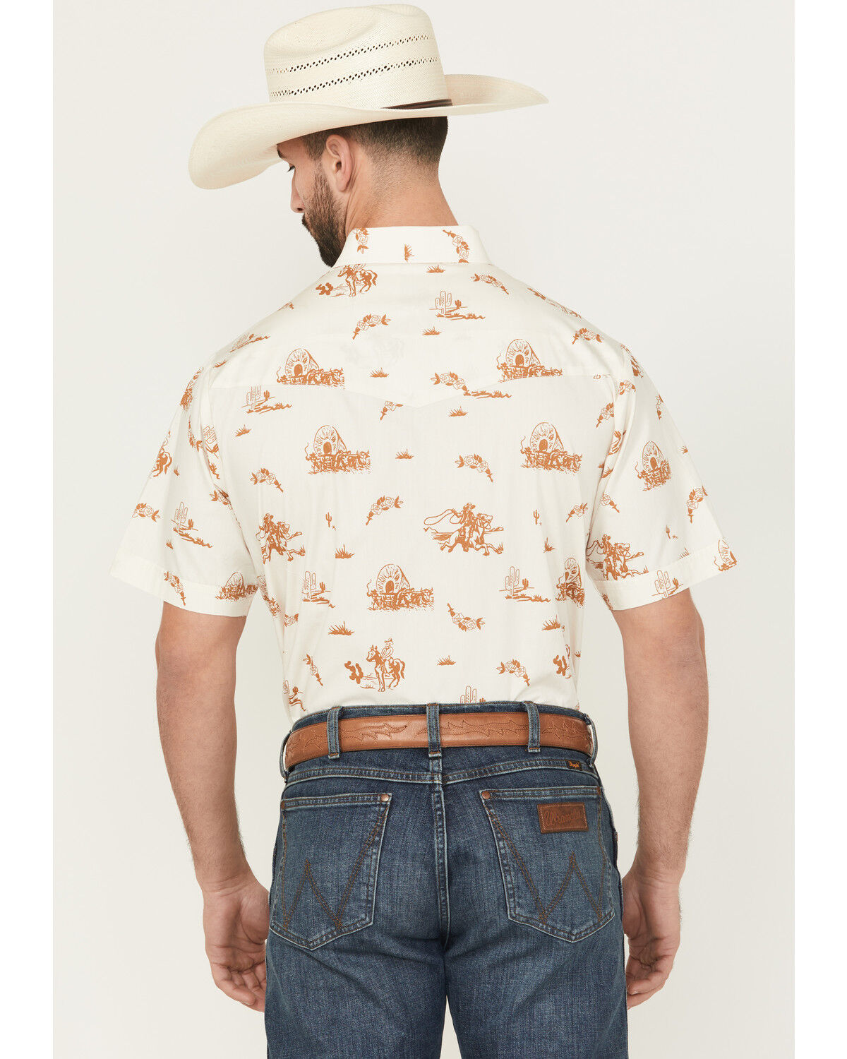 Image #4 - Ely Walker Men's Horse Print Short Sleeve Pearl Snap Western Shirt, Cream, hi-res