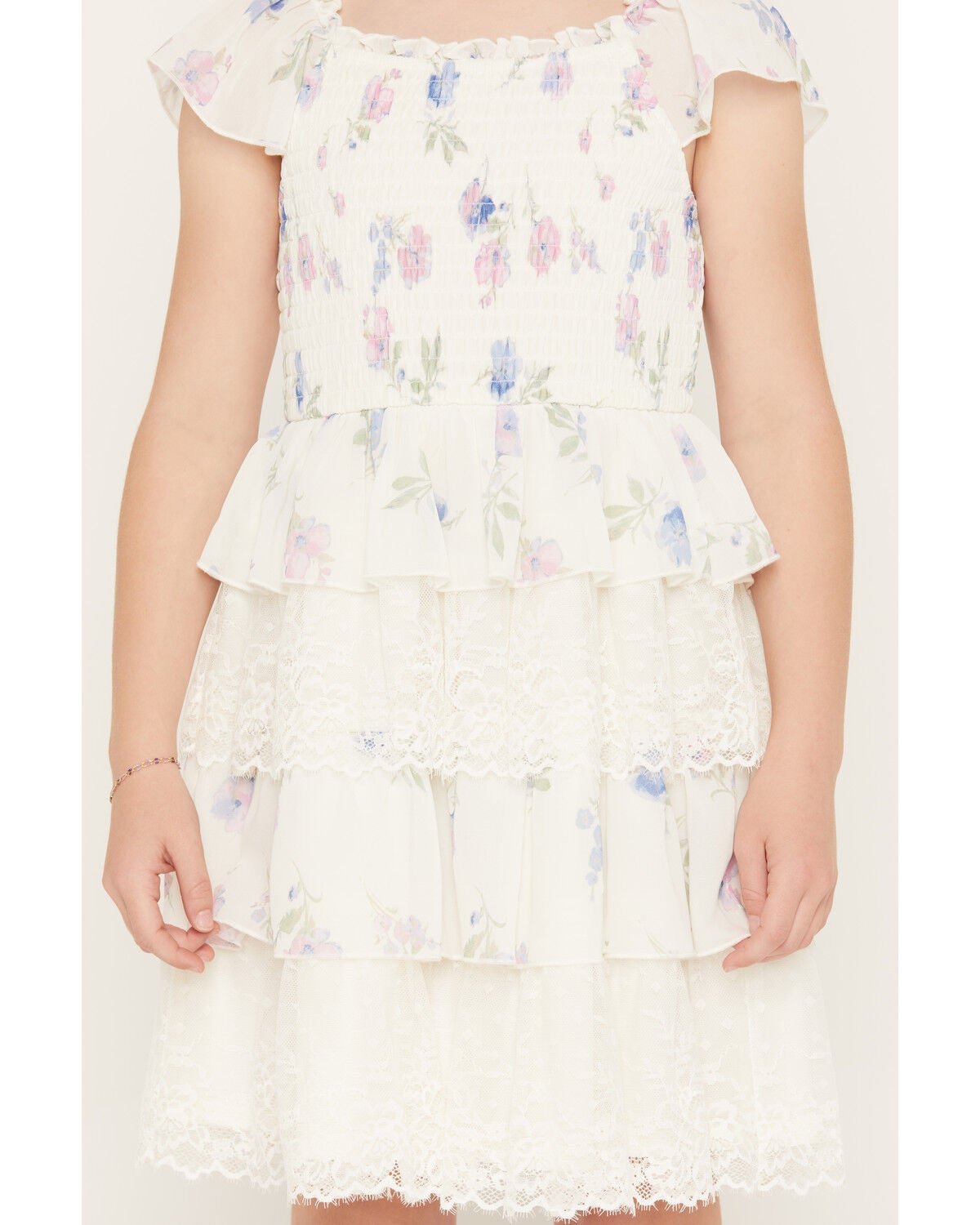 Image #3 - Sugar California Girls' Floral Print Lace Short Sleeve Dress, Ivory, hi-res