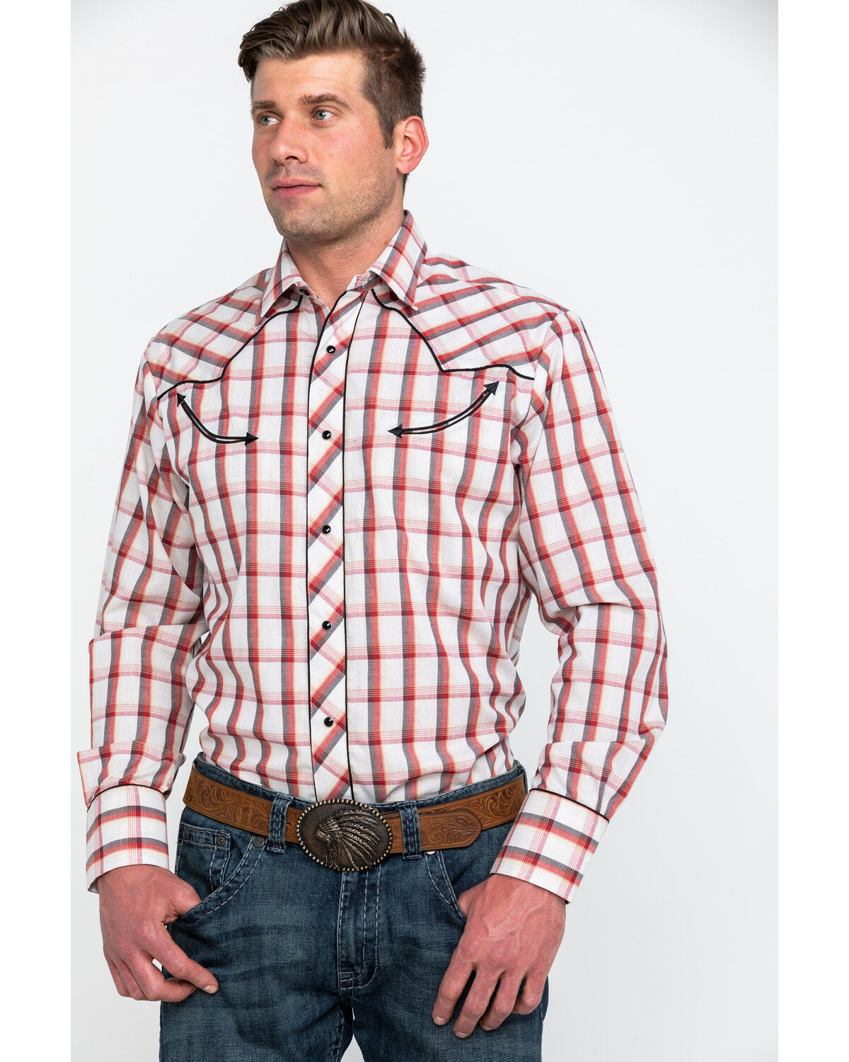 Image #1 - Roper Men's Large Fancy Plaid Long Sleeve Western Shirt, Red, hi-res