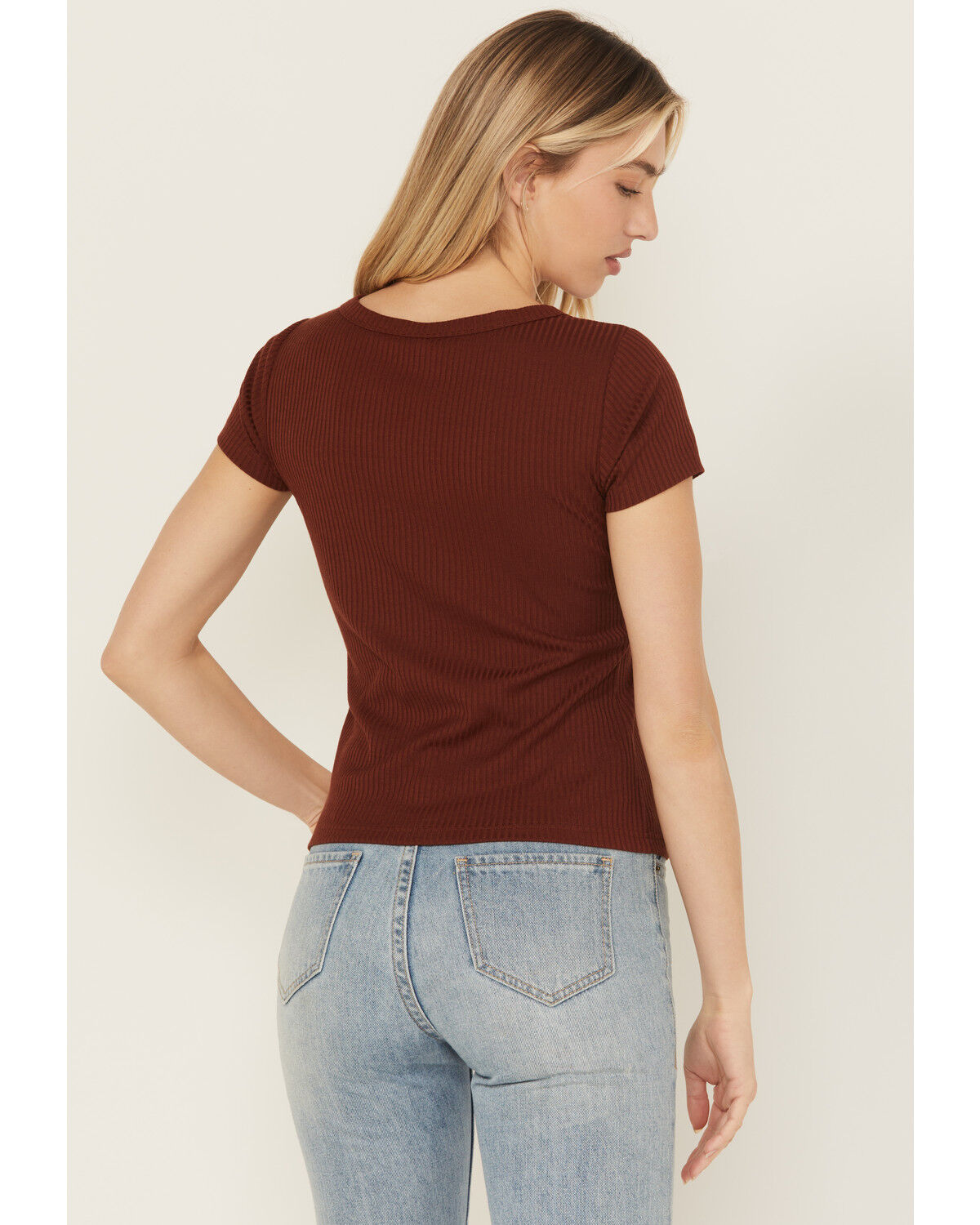Image #4 - Shyanne Women's Studded Rib Knit V-Neck Top, Mahogany, hi-res