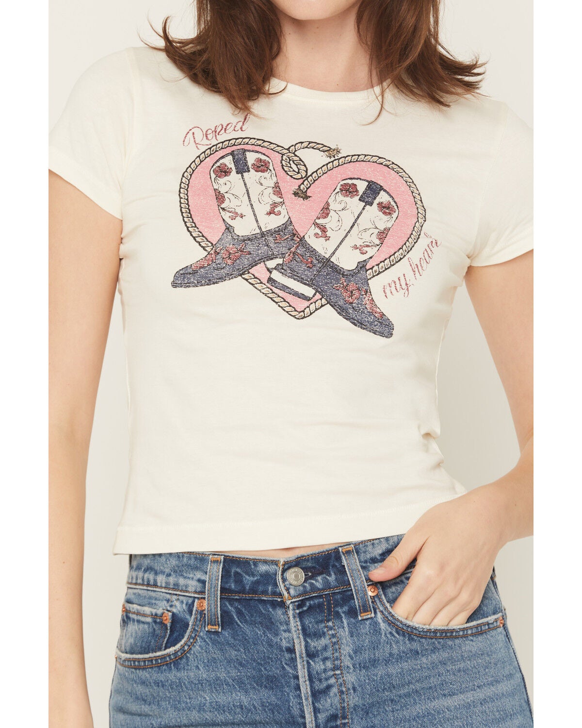 Image #3 - Shyanne Women's Roped My Heart Short Sleeve Graphic Baby Tee, Cream, hi-res