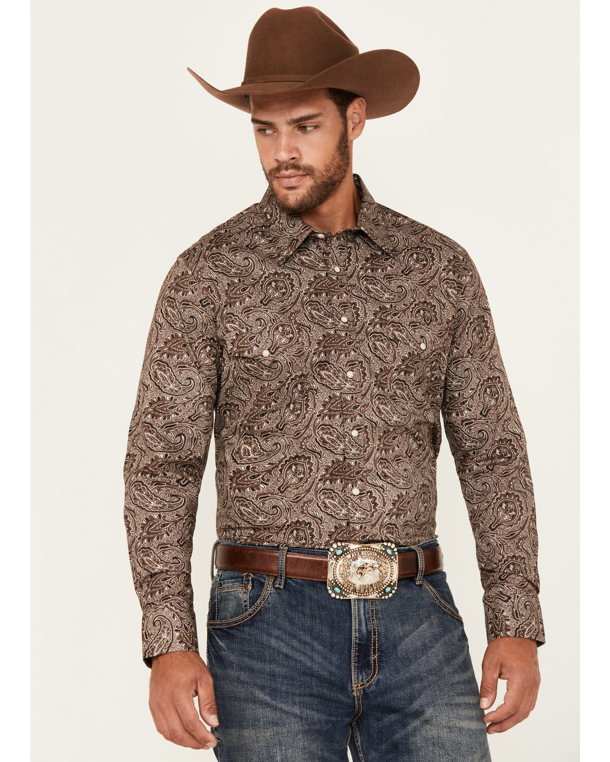 Image #1 - Rock & Roll Denim Men's Paisley Print Long Sleeve Snap Stretch Western Shirt, Brown, hi-res