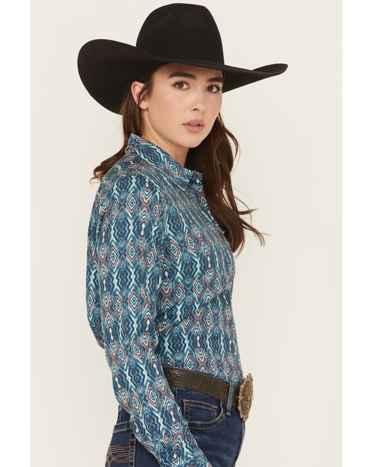 Image #2 - Cinch Women's Southwestern Long Sleeve Button-Down Stretch Western Shirt, Navy, hi-res