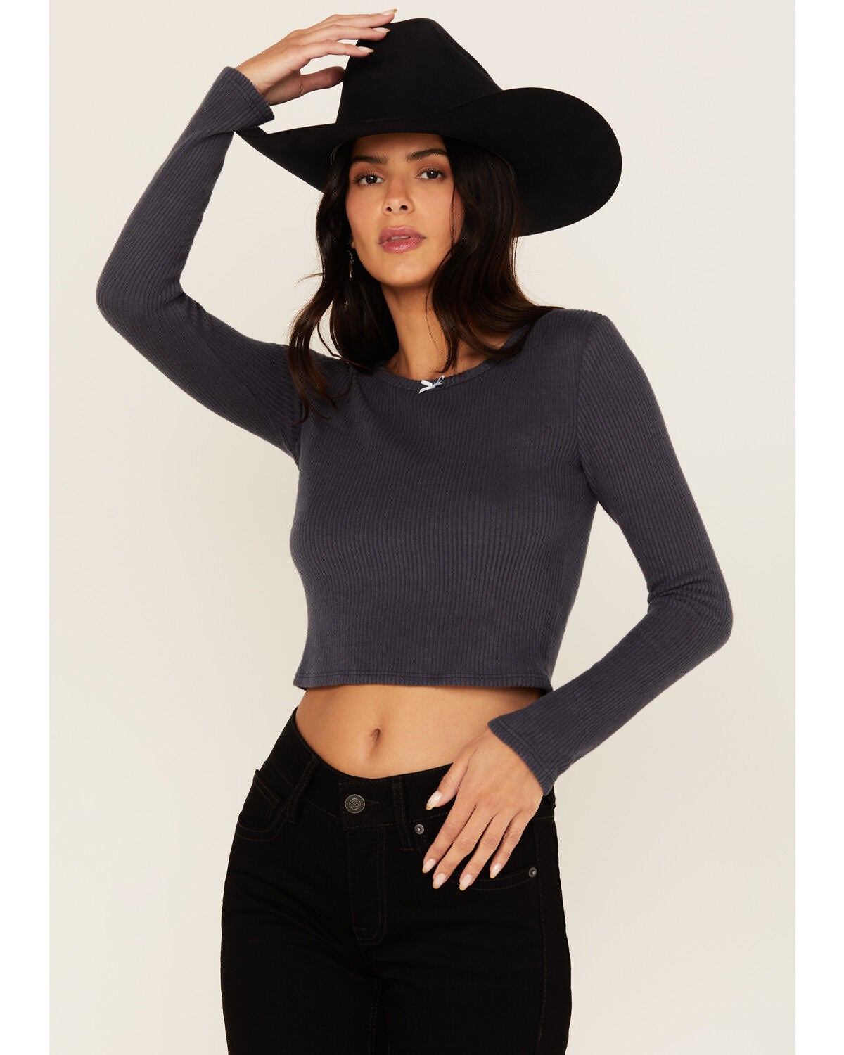 Originality Women's Solid Rib Knit Long Sleeve Cropped Shirt, Navy, hi-res