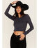 Image #1 - Originality Women's Solid Rib Knit Long Sleeve Cropped Shirt, Navy, hi-res