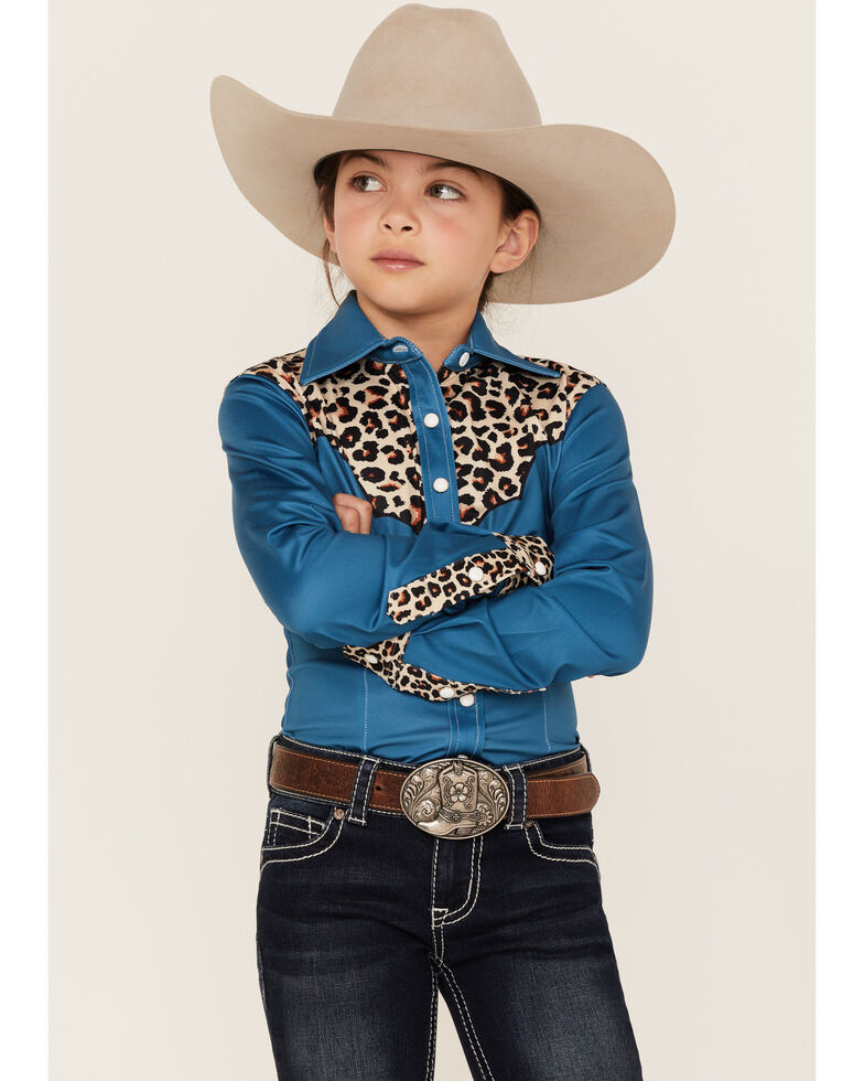 Ranch Dress'n Girls' Leopard Print Long Sleeve Western Snap Shirt, Teal, hi-res