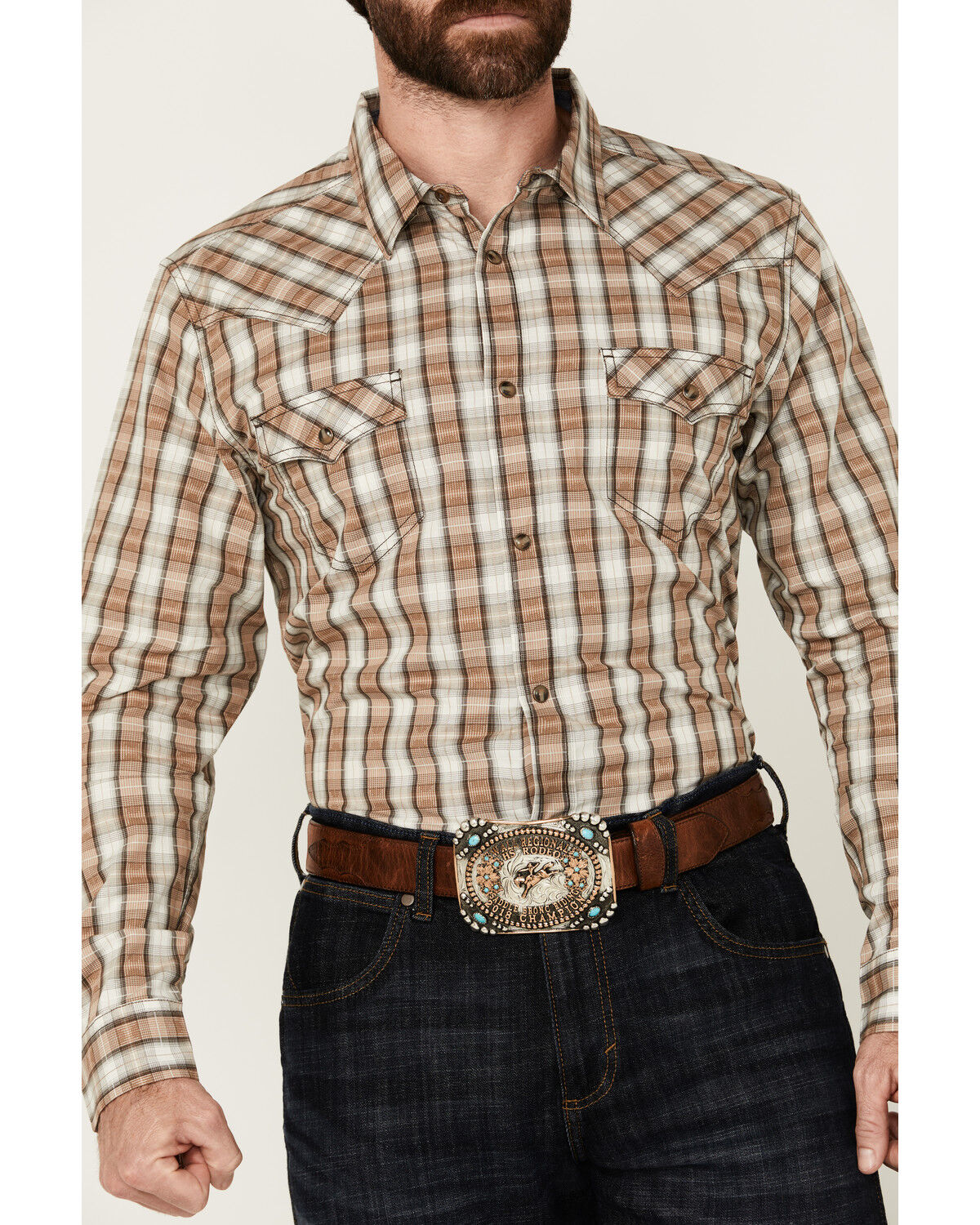 Image #3 - Cody James Men's Last Hurdle Plaid Print Long Sleeve Button-Down Stretch Western Shirt, Ivory, hi-res