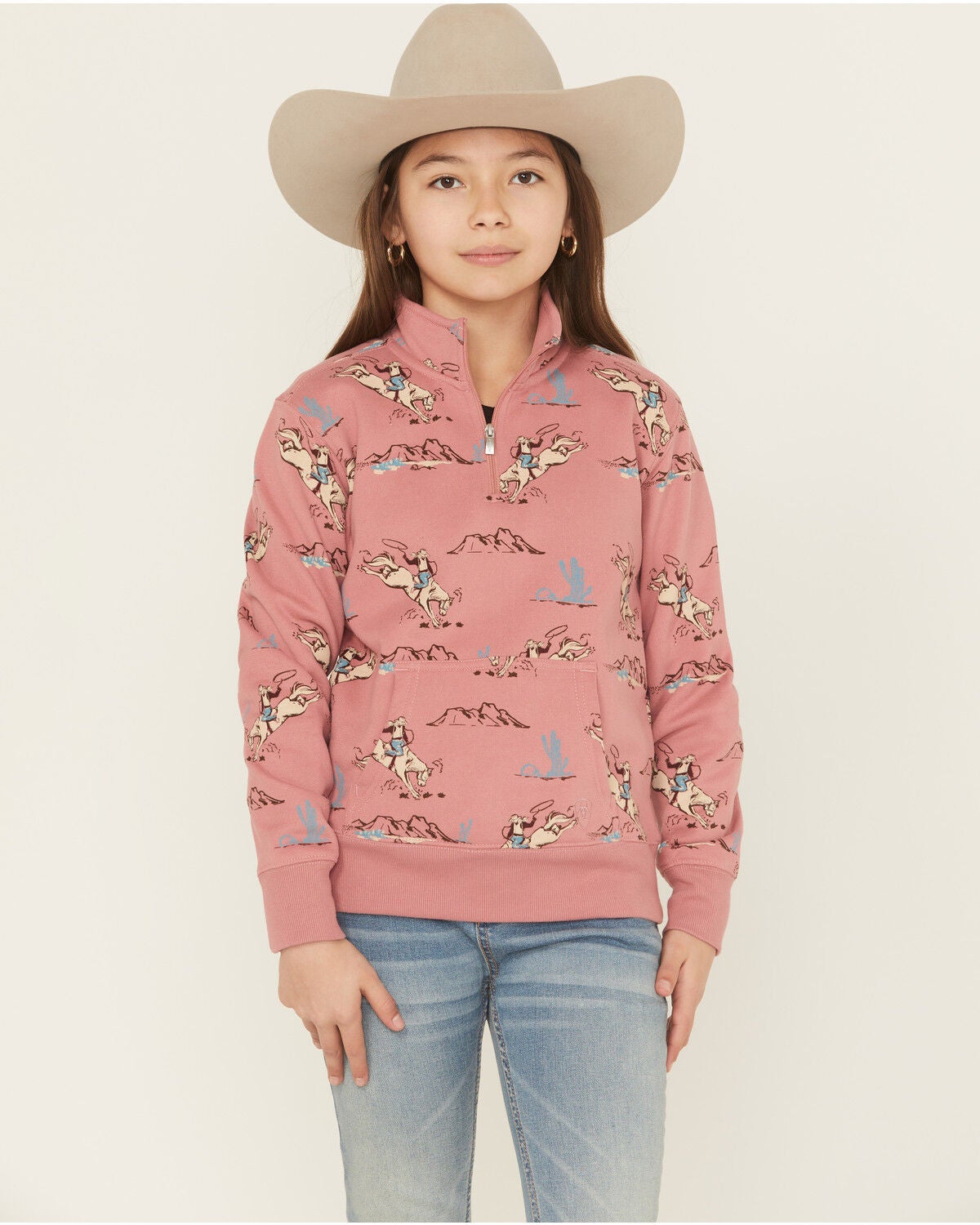 Ariat Girls' Horse Print 1/4 Zip Pullover, Pink, hi-res