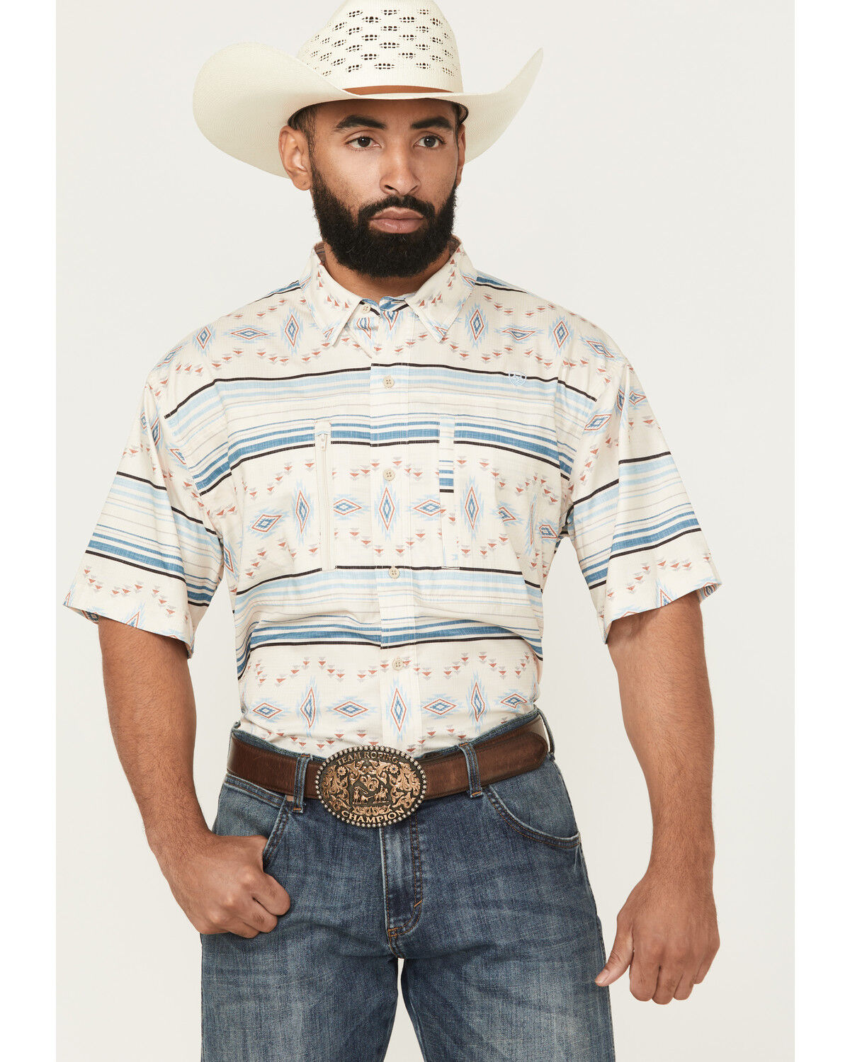 Image #1 - Ariat Men's VenTek Southwestern Striped Short Sleeve Button-Down Western Shirt, Tan, hi-res