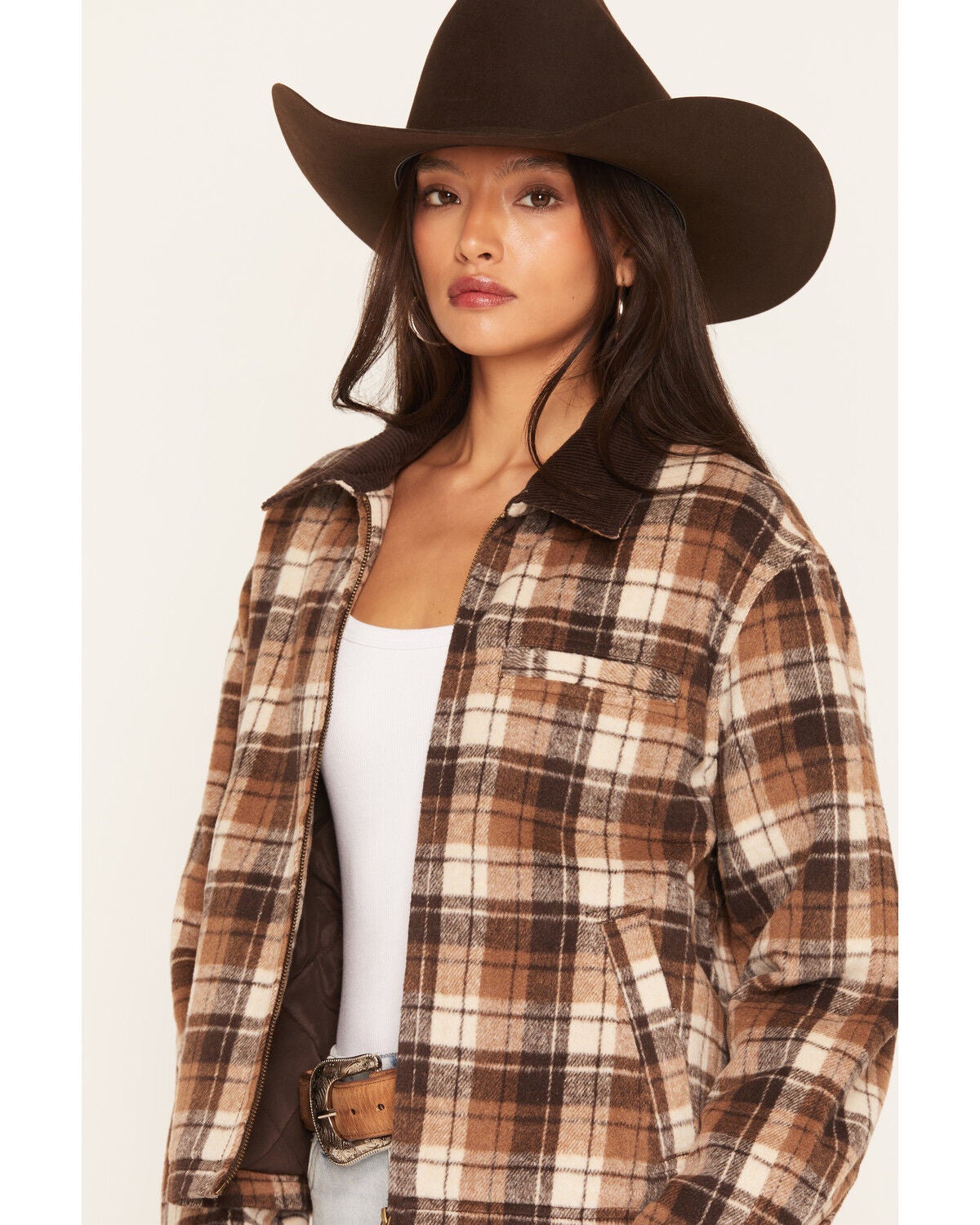 Image #2 - Ashley Women's Plaid Print Jacket, Cream/brown, hi-res