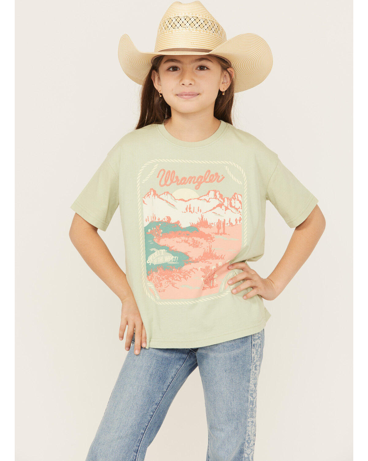 Image #1 - Wrangler Girls' Logo Desert Short Sleeve Graphic Tee, Green, hi-res