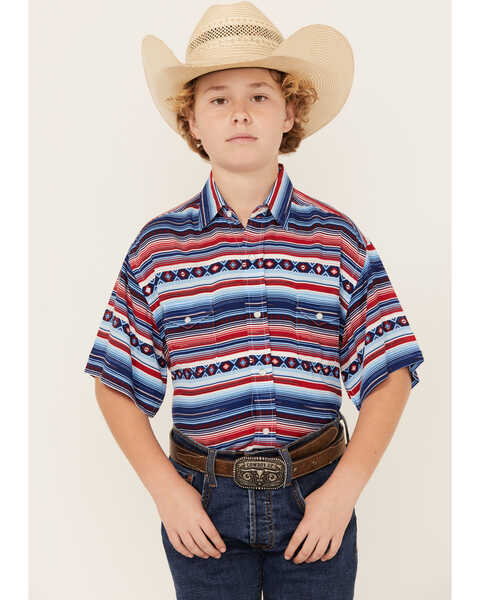 Panhandle Boys' Southwestern Striped Print Short Sleeve Snap Western Shirt , Blue, hi-res